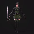 Fantasy Female Character in Green and Black Outfit Holding Longsword on Dark Background