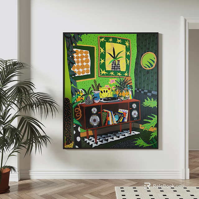 Vibrant Interior Painting With Green Background Window Plants Table Books And Speakers 3d model 