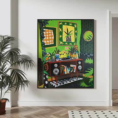 Vibrant Interior Painting With Green Background Window Plants Table Books And Speakers 3d model