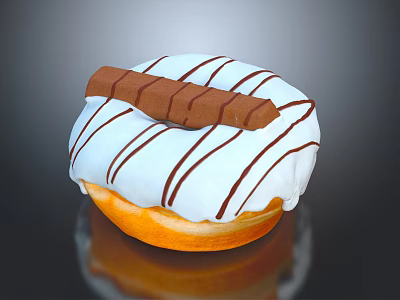 Delicious Donut With White Frosting Brown Stripes And Chocolate Stick Decoration 3d model