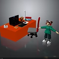 Red Desk Workspace With Computer Lamp Potted Plant Books And Office Chair
