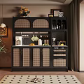 Modern Restaurant Interior With Black Rattan Sideboard Open Shelves Green Plant And Wooden Floor