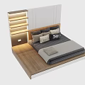 Modern Platform Bed Design With Built-in Shelves LED Lights Wooden Frame Mattress and Decorative Pillows