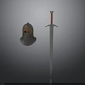 Medieval Metal Helmet With Chain Mail And Red Hilt Sword