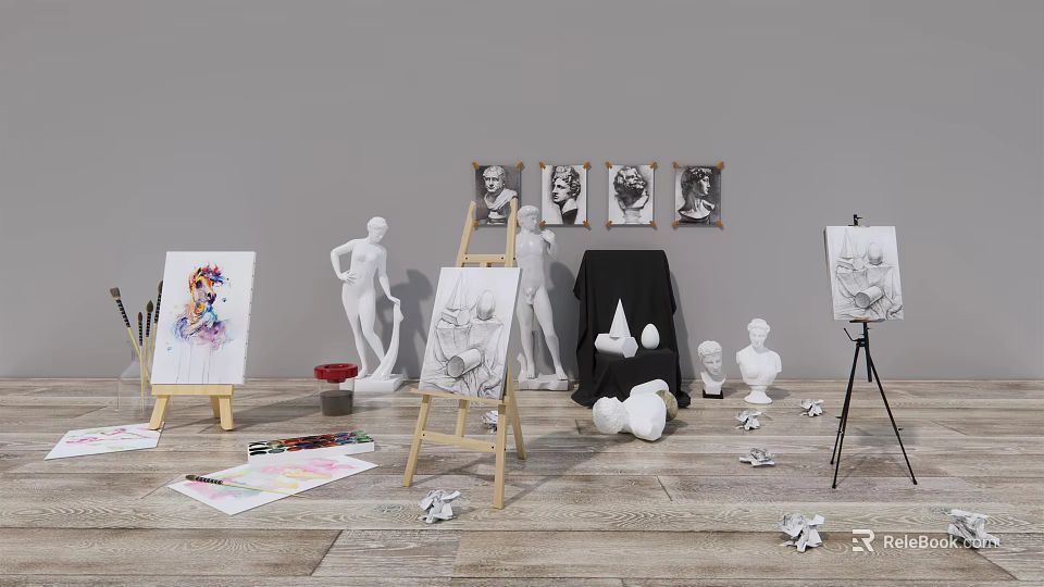 Art Studio Setup With Easels Sketches Plaster Statues And Painting Supplies 3d model 
