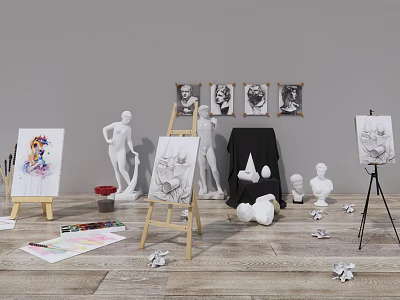 Art Studio Setup With Easels Sketches Plaster Statues And Painting Supplies 3d model