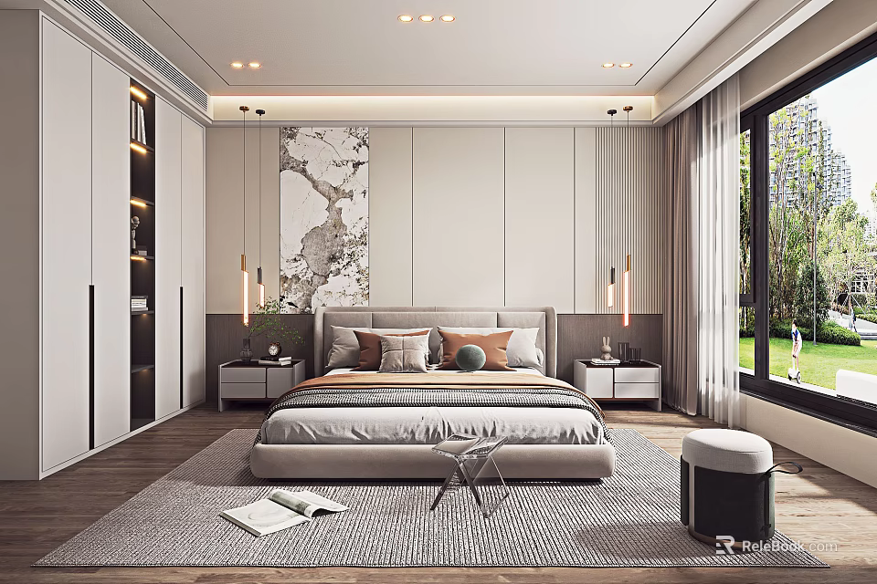 Modern Bedroom Interior Design With Platform Bed Accent Wall Area Rug And Large Window 3d model 