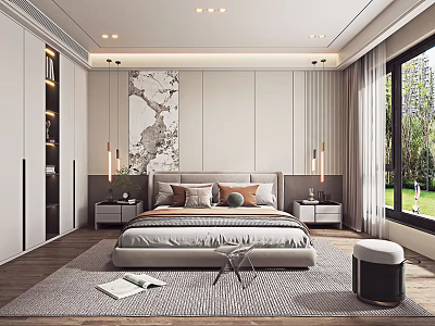 Modern Bedroom Interior Design With Platform Bed Accent Wall Area Rug And Large Window 3d model