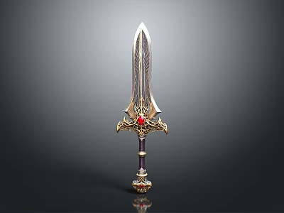 Ornate Sword With Feather Like Blade Golden Hilt And Red Gemstone On Dark Background 3d model