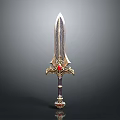 Ornate Sword With Feather Like Blade Golden Hilt And Red Gemstone On Dark Background