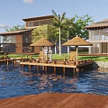 Wooden Guesthouse Building On Water With Deck Umbrella And Natural Green Surroundings