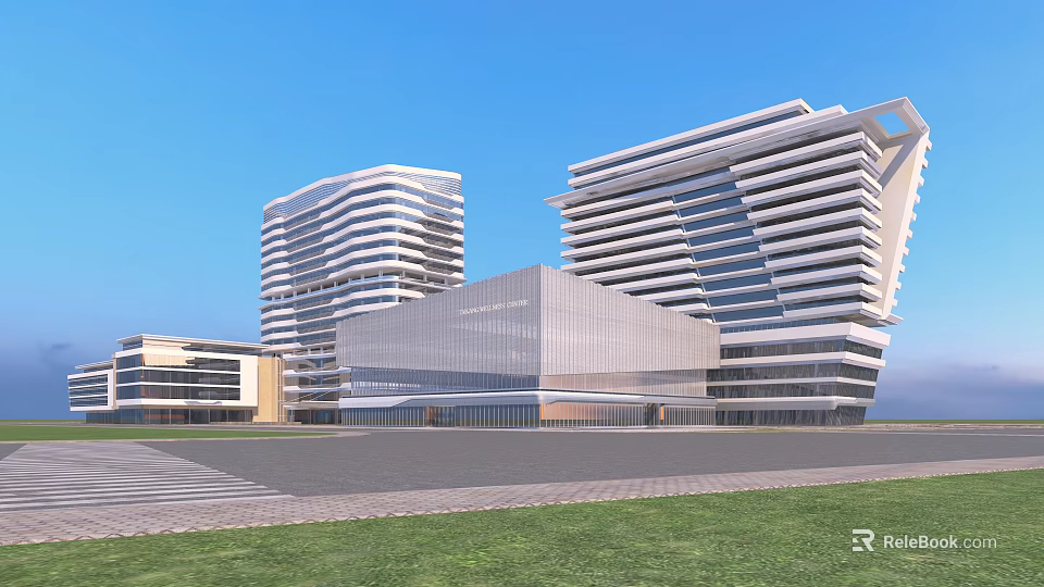 Modern Hospital Building Design With Glass Facade High Rise And Green Landscape 3d model 