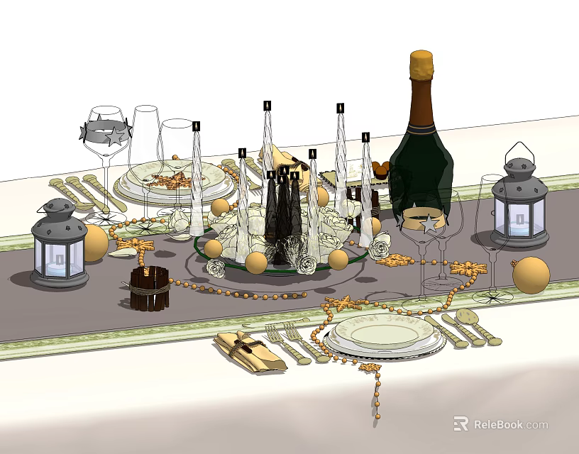 Stylish Dinnerware Set With Champagne Bottle Lanterns Plates Glasses Candle Holders And Decorative Balls 3d model 