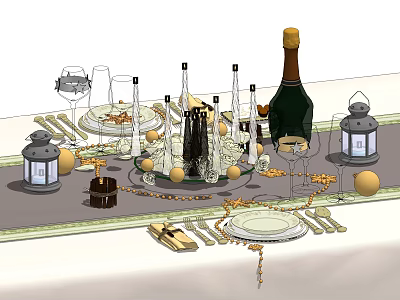 Stylish Dinnerware Set With Champagne Bottle Lanterns Plates Glasses Candle Holders And Decorative Balls 3d model