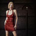 Woman with Blonde Hair Wearing Red Velvet Slip Dress Against Dark Background with Floor Lamp 3d model