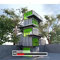 Modern Multi Level Relay Station With Green Windows And Container Style Surrounded By Trees 3d model