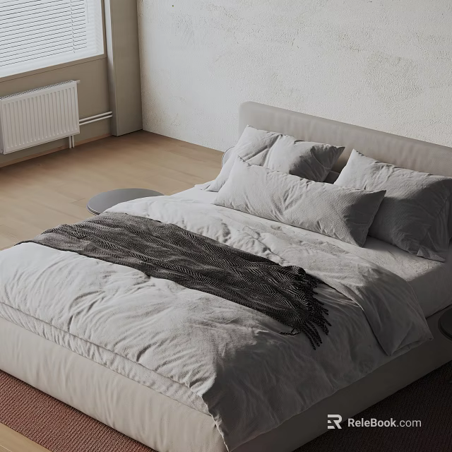 Double Bed With Gray Bedding Cozy Throw Blanket Round Stool Light Wall Wooden Floor 3d model 