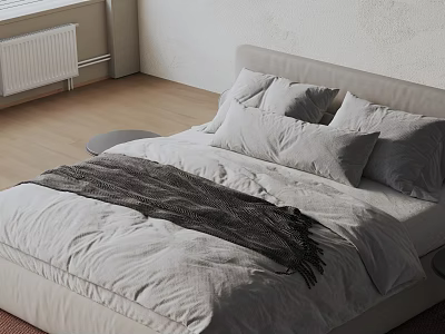Double Bed With Gray Bedding Cozy Throw Blanket Round Stool Light Wall Wooden Floor 3d model