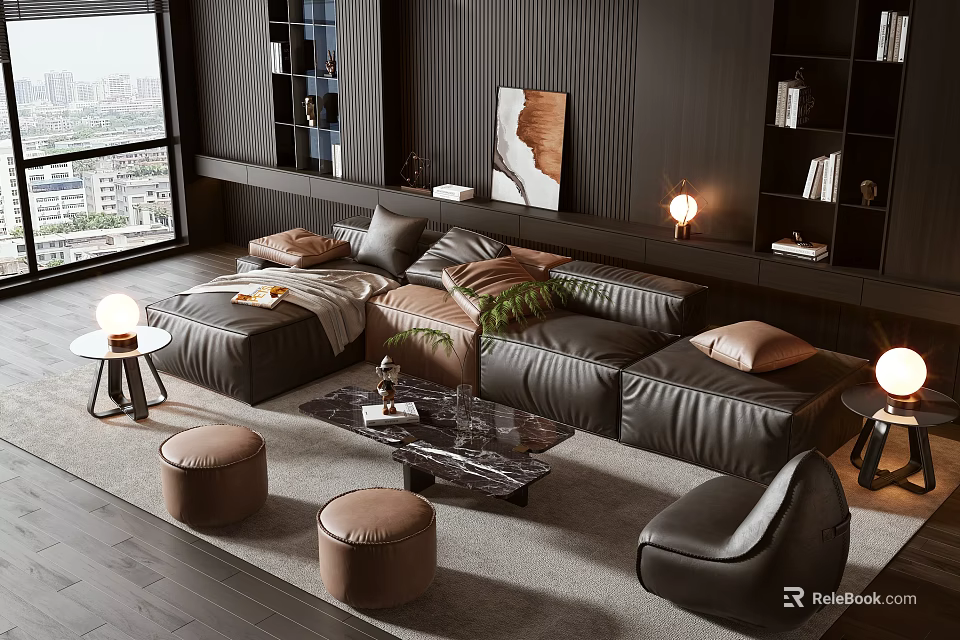 Modern Living Room Sofa Coffee Table Set With Black Leather Cushions Marble Top And Stools 3d model 