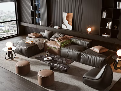 Modern Living Room Sofa Coffee Table Set With Black Leather Cushions Marble Top And Stools 3d model