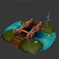 Scenic Miniature Landscape With Wooden Bridge Blue Water Green Grass Lotus Flowers And Tall Crane