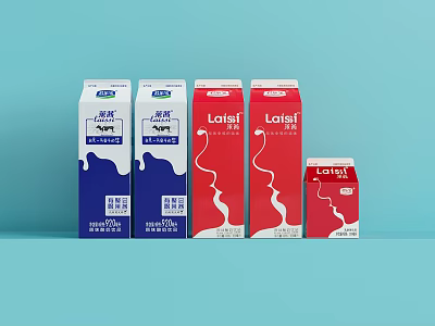 Laisi Milk Beverage Cartons in Various Colors and Different Sizes on Blue Background 3d model