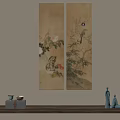 Traditional Plant Painting On Double Panel Screen With Bamboo Flowers And Bird