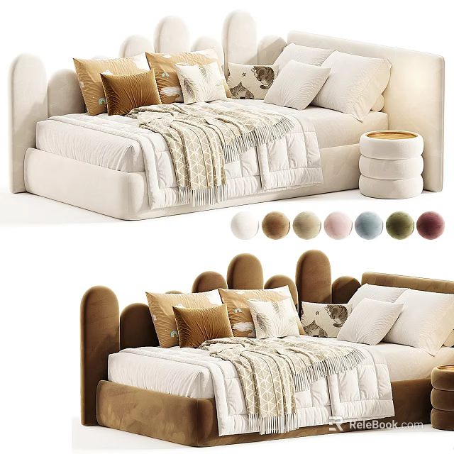 Modern Kids Bed With Curved Headboard Soft Pillows Knit Blanket And Color Options 3d model 