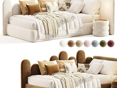 Modern Kids Bed With Curved Headboard Soft Pillows Knit Blanket And Color Options 3d model