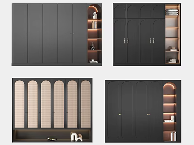 Modern Black Wardrobe Designs With Arch Doors Wooden Panels And Interior Shelves 3d model