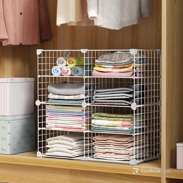 Clothes Neatly Stacked In Closet With Metal Grid Storage Rack And Various Colors 3d model 