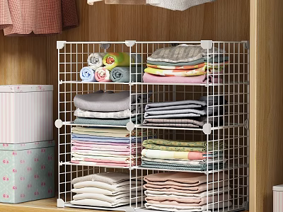 Clothes Neatly Stacked In Closet With Metal Grid Storage Rack And Various Colors 3d model