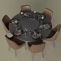 Round Dining Table Set With Six Brown Chairs Silver Legs Tableware And Wine Glasses 3d model
