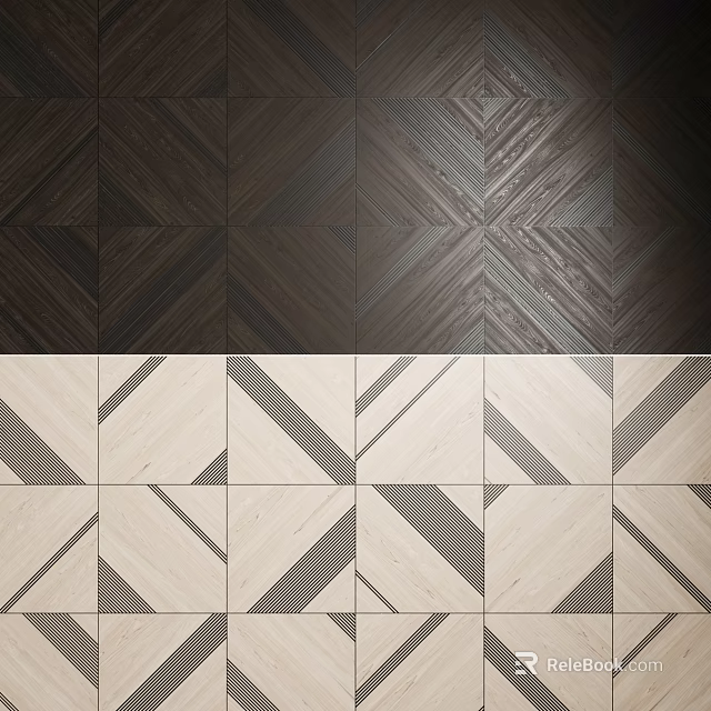 Dark and Light Wooden Wall Paneling with Geometric Patterns and Herringbone Design 3d model 