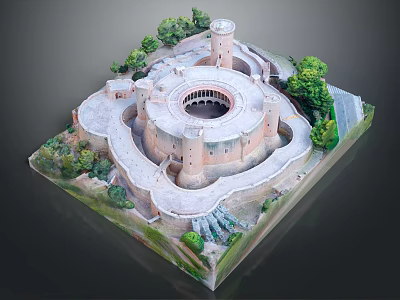 Ancient Castle Architectural Model Featuring Circular Structure Tower Stone Walls And Surrounding Trees 3d model