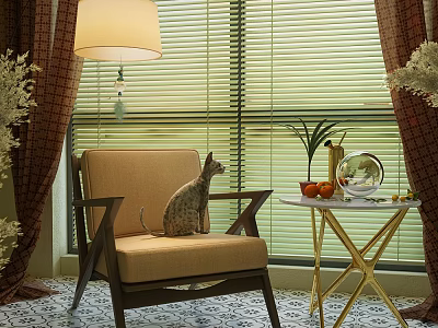 Beige Accent Chair with Wooden Armrests and Cat by Side Table with Oranges Near Blinds 3d model