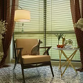 Beige Accent Chair with Wooden Armrests and Cat by Side Table with Oranges Near Blinds