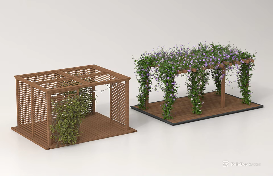 Wooden Pergola Garden Structures Featuring Lattice Design and Vines with Purple Flowers 3d model 