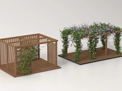 Wooden Pergola Garden Structures Featuring Lattice Design and Vines with Purple Flowers 3d model