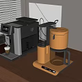 Modern Kitchen Appliances With Black Espresso Maker And Orange Coffee Machine On Wooden Table