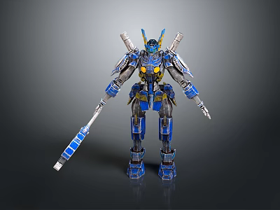 Game Movie Character Mech Robot With Blue Yellow Mechanical Armor And Long Weapon 3d model