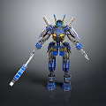 Game Movie Character Mech Robot With Blue Yellow Mechanical Armor And Long Weapon