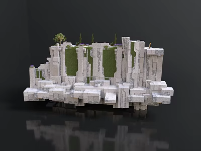 Detailed Stone Structure 3D Model With Green Patches And Small Trees 3d model