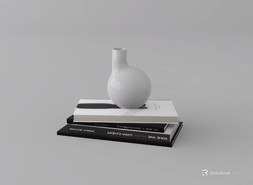 Stylish Decorative Ornament Set With White Vase On Stacked Books 3d model 