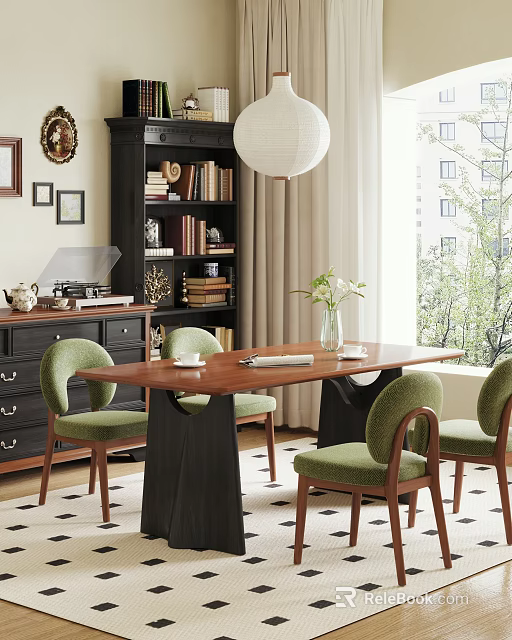 Retro Wood Dining Table Set With Soft Green Upholstered Chairs For Cozy Home Dining Space 3d model 