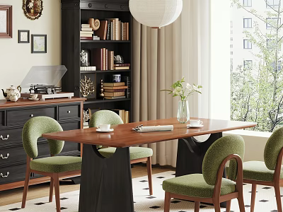 Retro Wood Dining Table Set With Soft Green Upholstered Chairs For Cozy Home Dining Space 3d model