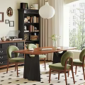 Retro Wood Dining Table Set With Soft Green Upholstered Chairs For Cozy Home Dining Space