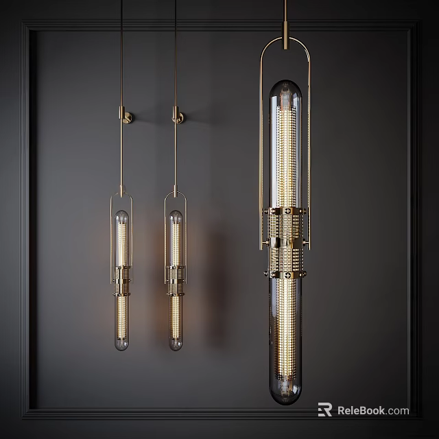 Modern Brass And Glass Tube Shaped Pendant Lights With Warm Illumination Against Dark Wall 3d model 