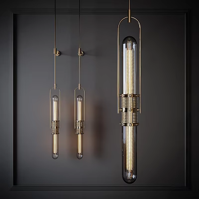 Modern Brass And Glass Tube Shaped Pendant Lights With Warm Illumination Against Dark Wall 3d model