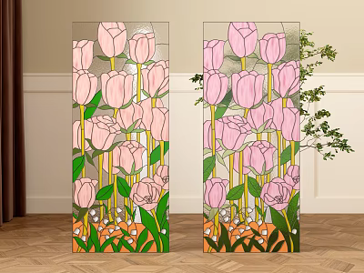 Glass Partition With Pink Tulips Green Leaves Decorative Interior Design 3d model